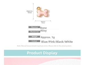 Detail view of 9x10mm pink bone-shaped alloy pendant with dimensions and weight