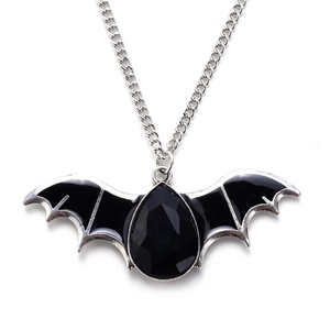 Detail of bat pendant with black water drop gemstone and enamel wings on silver chain