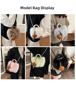 Showcase of fluffy faux fur handbag in six colors with teddy charm and woven handle