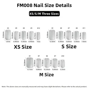 Detailed size chart for FM008 short press-on nails in sizes XS, S, and M with dimensions