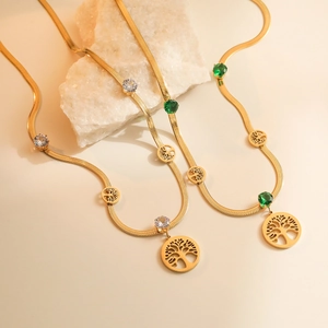 Tree Of Life Pendant Necklace Titanium Steel Gold Plated Snake Bone Chain With Zircon Green Gemstone For Women Fashion