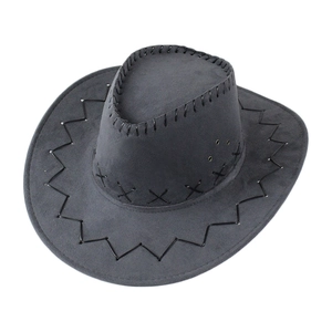 Detail of dark gray cowboy hat with black cross stitching and jagged brim edge sewing