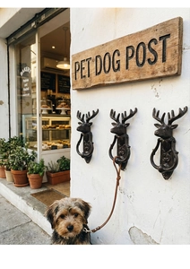 Detailed close-up of retro cast iron deer head hooks for wall mounting and pet leashes