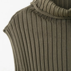 Olive green rib-knit high-neck sleeveless sweater vest with soft textured fabric