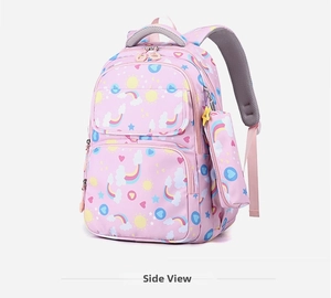Pink cartoon school backpack with rainbow print and matching pencil case side view