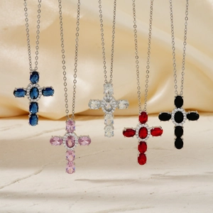 Zircon Cross Pendant Necklace Stainless Steel O Chain Copper Micro Pave Hip Hop Fashion Jewelry Unisex