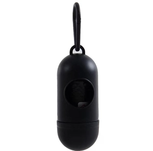 Detail view of a black capsule pet waste bag dispenser with a durable metal carabiner clip