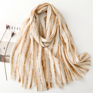 Women Long Scarf Shawl Polyester Cotton Feel Gradient Stripe Gold Stamping Glitter Frayed Tassel Edge Elegant Warm