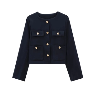 Women's chic dark cropped jacket with gold buttons and four front pockets on white background