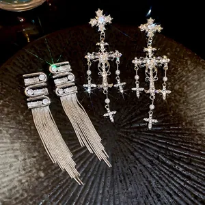Hollow Cross Artificial Pearl Tassel Drop Earrings With 925 Sterling Silver Earring Post Elegant Rhinestone Dangle For Women