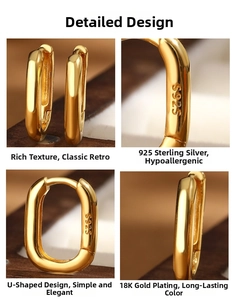 Macro shot of 18K gold plated S925 sterling silver U-shaped hoop earrings with hallmark