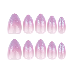 Short almond press-on nails with purple gradient design and sparkling silver glitter