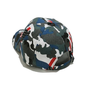 Outdoor camouflage baseball cap with US flag and star patterns viewed from a 45-degree back angle