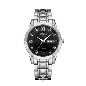 Montre ORUSS homme en acier inoxydable argenté avec cadran noir à double calendrier