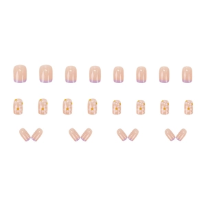 Faux ongles dégradés violet avec motifs marguerites et pointes French violettes