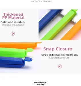 Detail of multi-color thickened PP plastic bag clips with snap closure for food sealing