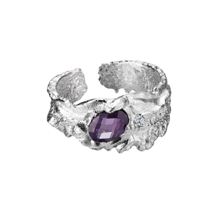 Irregular S925 sterling silver open ring with amethyst gemstone and rough texture surface