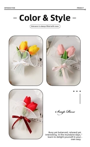 Detailed view of mini soap tulip bouquets in yellow pink and red with pearl mesh wrap