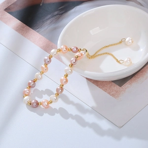 Handmade Baroque freshwater pearl bracelet with colorful beads and 14k gold plated chain