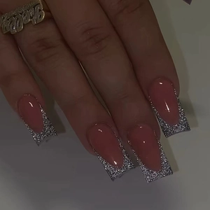 Nude Pink French Tip Press On Nails With Silver Glitter Medium Square Fake Nails 24 Pcs Full Cover Manicure Decoration For Women