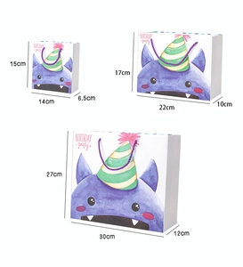 Detailed view of three sizes of cartoon monster birthday gift bags with dimensions