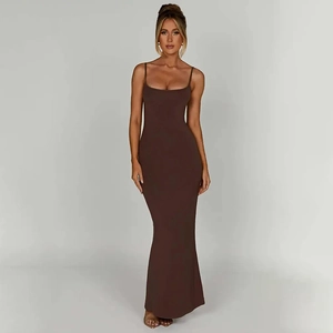 Detail showing the slim-fit backless design and fabric texture of the dark brown maxi dress
