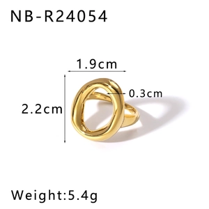 Detailed size specifications for a gold irregular curved ring in polished stainless steel