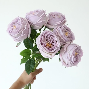 Realistic lavender Austin roses bouquet with wet-look petals and green leaves