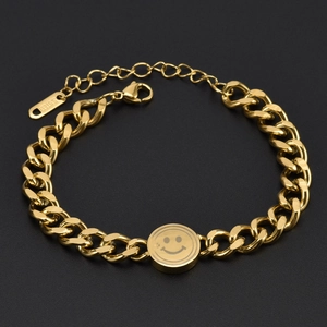 18K gold plated stainless steel bracelet featuring a smile face charm on chunky link chain