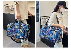 Blue travel tote with tropical leaf print showing hand-carry and shoulder-bag styles