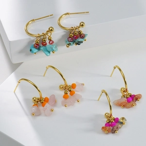 14k gold plated C-shape earrings with colorful natural stones and bohemian beads