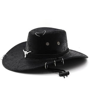 Black western cowboy hat with bull head emblem and metal rings for outdoor jazz style