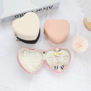 Portable heart-shaped PU leather jewelry travel case for rings and earrings in pink