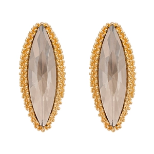 Elegant marquise cut smokey grey crystal stud earrings with vintage gold beaded border detail