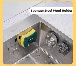 Detailed view of SUS304 stainless steel sink hook holding a sponge and scouring pad