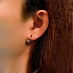 Close-up of S925 silver colorful square zircon earrings worn on a model's ear