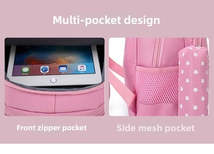 Pink school backpack detail showing multiple pockets, front zipper pouch, and side mesh bag