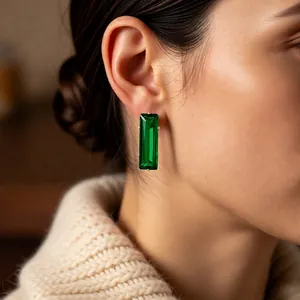 French vintage emerald green square zircon earrings with silver needle in a chic style