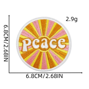 Detailed view of round peace embroidery patch with size 6.8cm and 2.9g weight labels