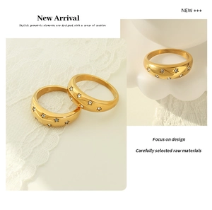 Detailed view of wide 18K gold plated steel ring with star-set zircon crystals