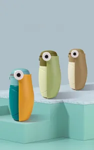 Trio of portable bird-shaped pet water bottles in blue, green, and beige colors