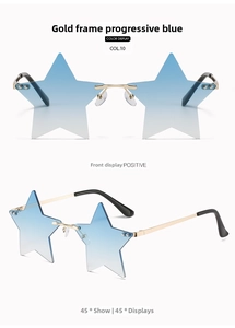 Close-up of star-shaped rimless sunglasses with gold metal frame and blue gradient lenses