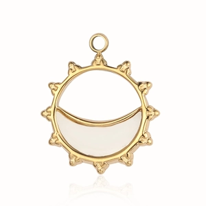 Detailed view of sun and crescent moon pendant with white inlay in gold plated steel