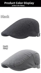 Détail de la boucle métallique et du coton rayé sur les bérets noir et gris foncé