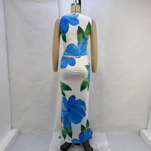 Detail of blue floral print on white cropped top and floor-length skirt on mannequin