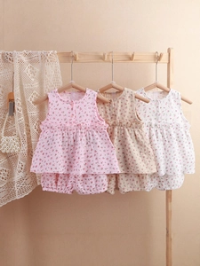 Toddler Girls Floral Pajamas Cotton Gauze Sleeveless Ruffle Top And Bloomer Shorts Summer Home Wear Soft