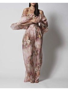 Floral chiffon set with off-shoulder ruffle top and high-waist wide-leg trousers detail