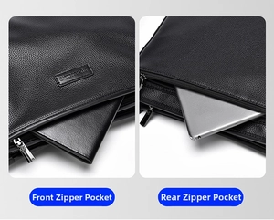Detail of front and back zipper pockets on black lychee leather business messenger bag