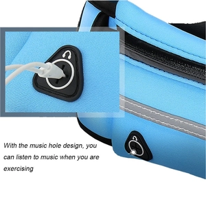 Sky blue waterproof running belt with earphone hole and reflective strip for jogging