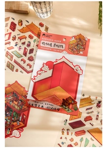 Detail showing vintage Chinese miniature architectural stickers and scene card with 3D effect